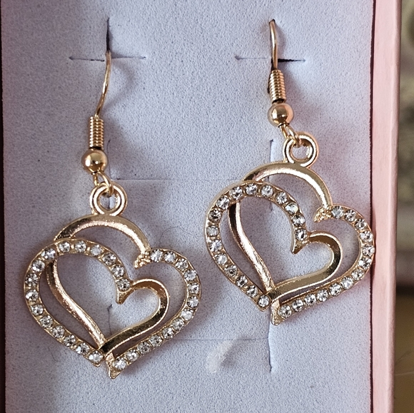 Gold and rhinestones matching Double heart necklace and earrings set. - Picture 3 of 7